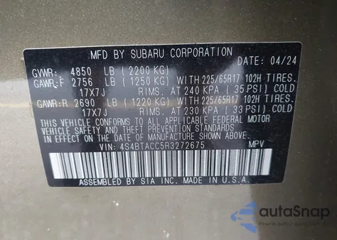 2024 Subaru Outback Premium from USA, damaged, VIN 4S4BTACC5R3272675